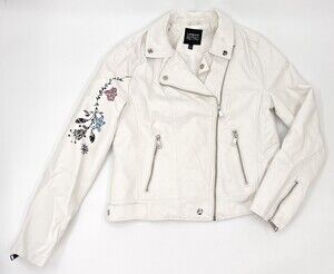 Urban Retro Jacket Womens Large White Floral Motorclcy Jacket Zipper Collar *